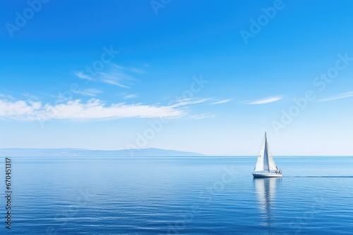 a yacht sailing into the horizon on a calm blue sea