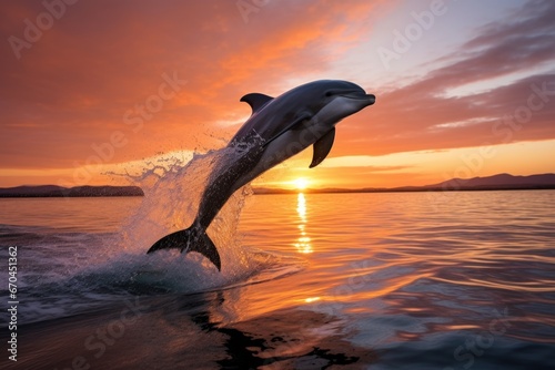 a dolphin leaping out of water against a sunset sky