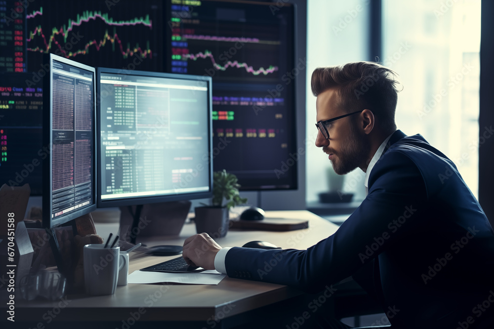 Business man trader big data analyst looking at computer monitor, stock broker analysing indexes, financial chart trading online on screen