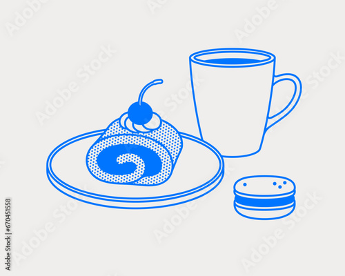 Cake roll, macaron with a cup of coffee. Line art, retro. Vector illustration for bars, cafes, and restaurants.