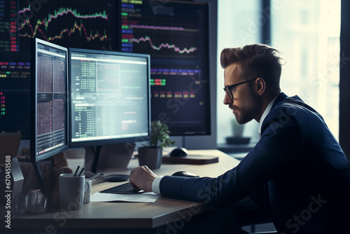 Business man trader big data analyst looking at computer monitor, stock broker analysing indexes, financial chart trading online on screen