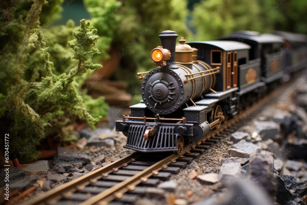a vintage train model on a detailed miniature track