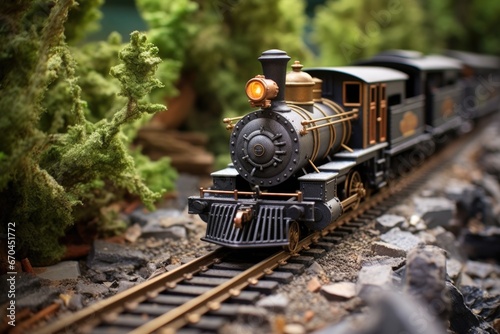 a vintage train model on a detailed miniature track