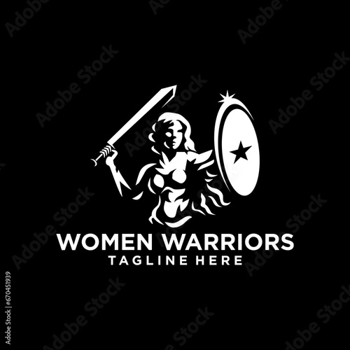 Silhouette of Athena Minerva with Shield and Spear, The Beauty Greek Roman Goddess Logo Design, Women warriors vector template