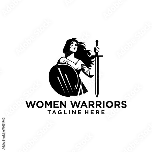 Silhouette of Athena Minerva with Shield and Spear, The Beauty Greek Roman Goddess Logo Design, Women warriors vector template