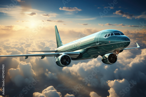 A passenger commercial airplane is flying above cloudy sky view, transportation scene. 