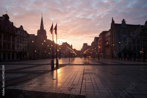 dawn over empty city square prepared for a rally © Alfazet Chronicles