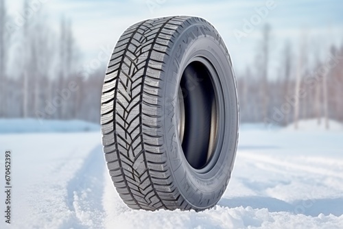 Winter tire covered in snow snowy road ice icy car wheel drive safety safe driving transportation condition change vehicle auto slippery danger frost protection climate dangerous offroad environment © Yuliia