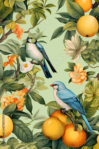 Colourful vintage pattern with fruits and birds