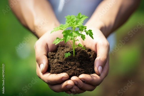 hands holding a fragile seedling against soil background