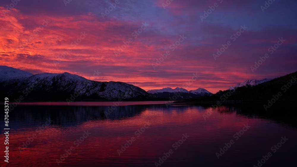 Dramatic sunset over the majestic Patagonian fjords in South America
