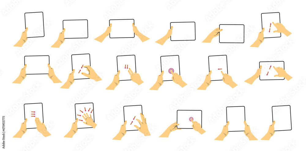 Hand bring tablet. Fingers touching, tapping, scrolling tab screens, using applications. People handling with tablets. Vector illustrations isolated on white. - obrazy, fototapety, plakaty 