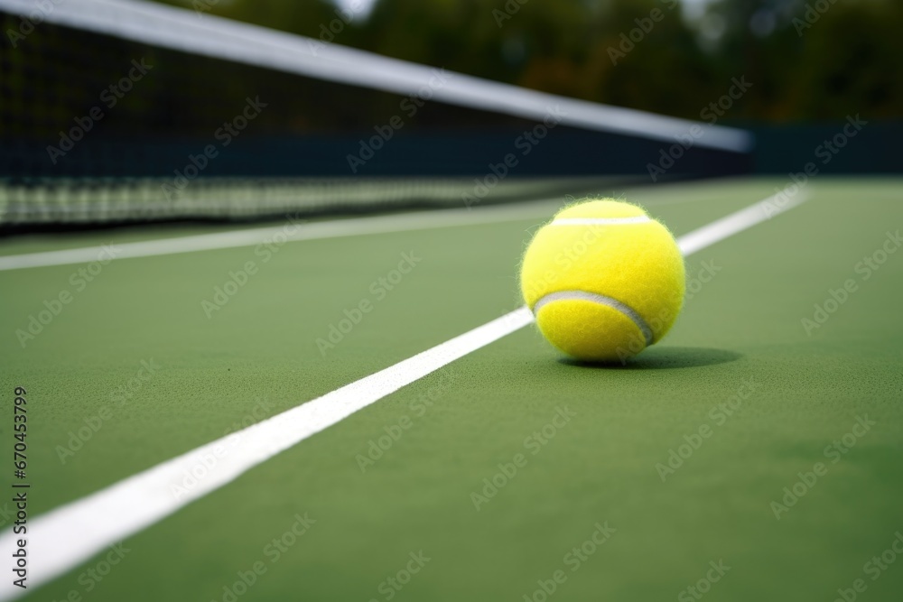 a tennis ball hitting the white line of a court