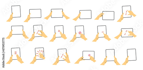 Hand bring tablet. Fingers touching, tapping, scrolling tab screens, using applications. People handling with tablets. Vector illustrations isolated on white.