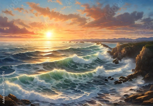 Step into the world of artistic possibilities with this enchanting painting of a sunset over a large body of water, offering a versatile and evocative element for your creative endeavors photo