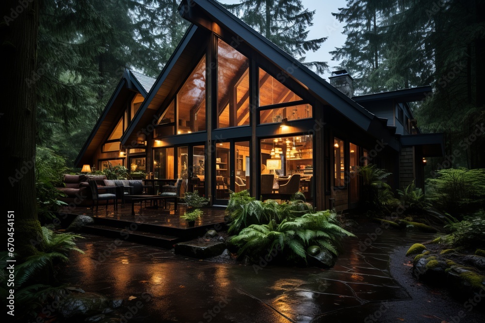 Fototapeta premium Cabin house surrounded by a peaceful forest, Generative AI