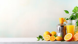 Contemporary juicer and citrus fruits with space for text background 16-9