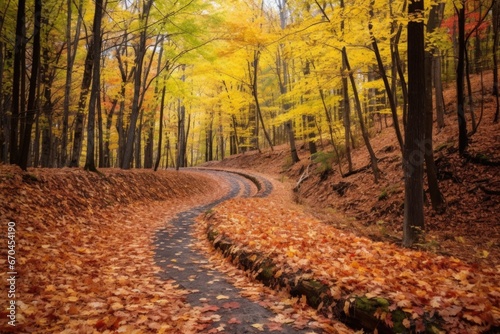 crunchy autumn leaves covering a winding path in a forest