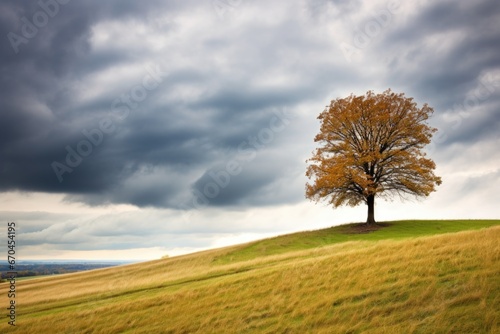 a lone tree on a hill under a cloudy autumn sky