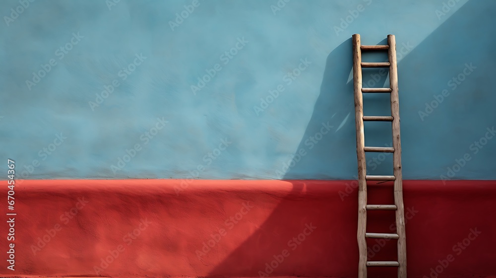 A wooden ladder against a beautiful wall. Stairs near the wall. Background with selective focus and copy space