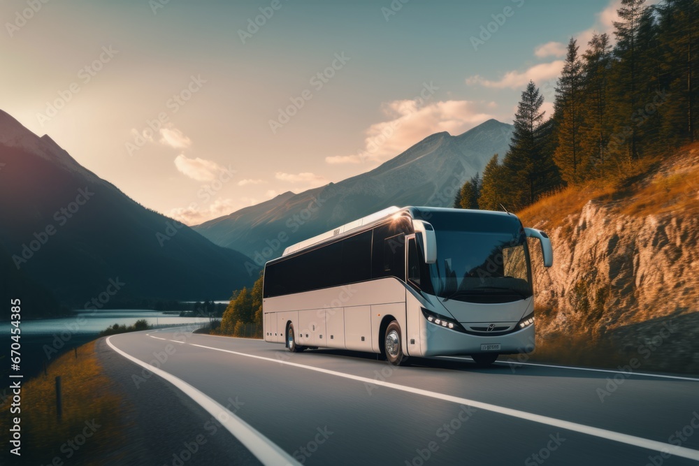 Touristic coach bus on highway road intercity regional domestic transportation driving urban modern tour traveling travel journey ride moving transport concept public comfortable passengers shuttle