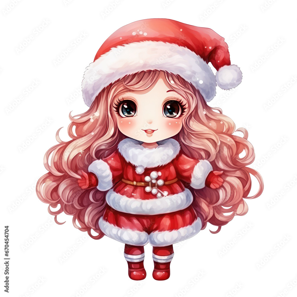Watercolor Christmas Elements. Cute Girls in Christmas Suit Clipart. Adorable Girl in Christmas Theme.
