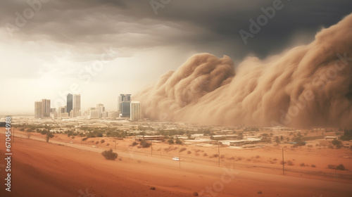 Haboob dust storm over city. Sand storm in desert of high altitude with cumulonimbus rain clouds.