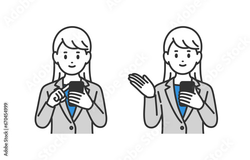 スマホを見る･案内のポーズをするビジネスパーソン女性のセット【人物ベクターイラスト素材】