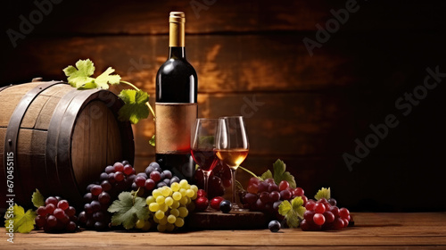 Beautiful still life with wine bottle and glass of red and white wine, barrel and grapes