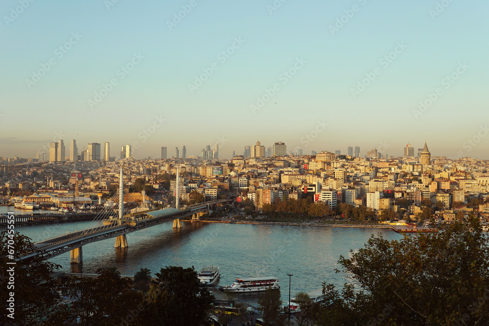 Aerial view of Istanbul city (Turkey) - Halic metro station on the bridge across the Golden Horn gulf - cityscape with skyscrapers