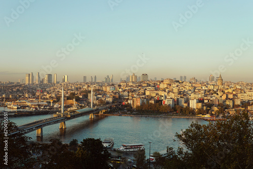 Aerial view of Istanbul city  Turkey  - Halic metro station on the bridge across the Golden Horn gulf - cityscape with skyscrapers