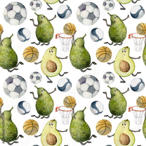 Wallpaper Mural Hand drawn watercolor ball sports gear equipment, avocado playing, soccer volleyball basketball. Illustration isolated seamless pattern on white background. Design poster, print, website, card, shop Torontodigital.ca