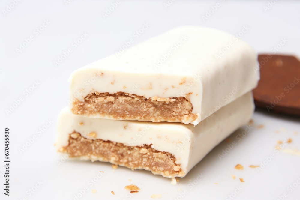 vanilla protein bar broken in two, showing the filling vanilla protein bar broken in two, showing the filling