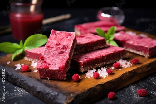 raspberry protein bars placed on a slate serving board