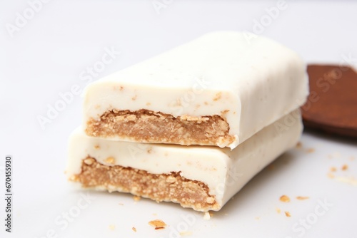 vanilla protein bar broken in two, showing the filling