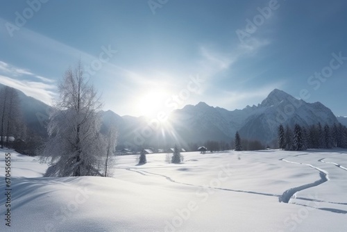 winter landscape with mountains, alps, snow, rural, peaceful, Christmas season. Generative AI © Cressida