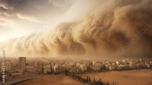 Haboob dust storm over city. Sand storm in desert of high altitude with cumulonimbus rain clouds.