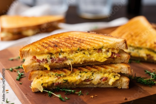 toasted sandwich with a visible spread of yellow mustard