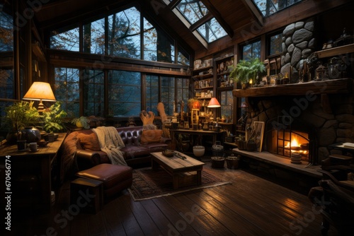 Cozy cabin style with a fireplace, Generative AI