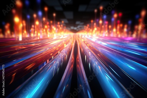 3d render, abstract multicolor spectrum background, bright orange blue neon rays and colorful glowing lines © akimtan