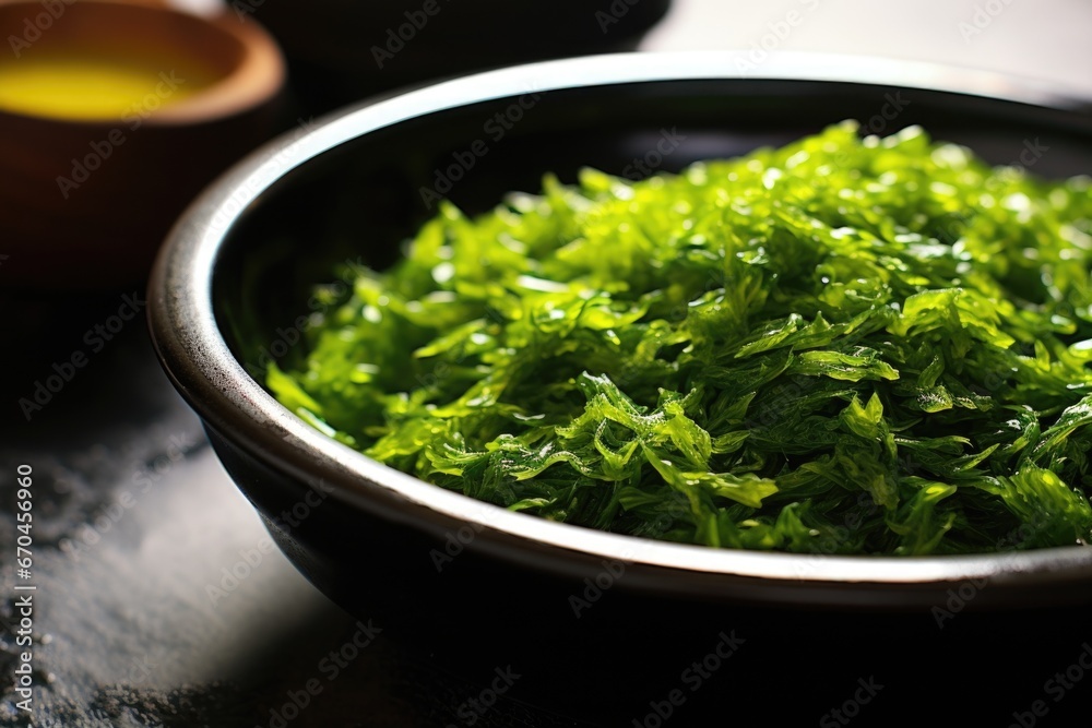 close-up of a vibrant green seaweed salad in a matte black bowl close-up of a vibrant green seaweed salad in a matte black bowl