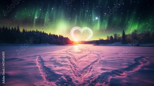 A heart made of compacted snow placed on a frozen lake  reflecting the aurora borealis overhead.