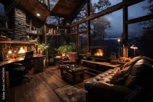 Cozy cabin style with a fireplace, Generative AI © Shooting Star Std