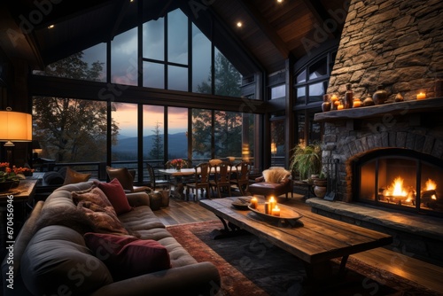 Cozy mountain cabin house with a roaring fireplace, Generative AI © Shooting Star Std