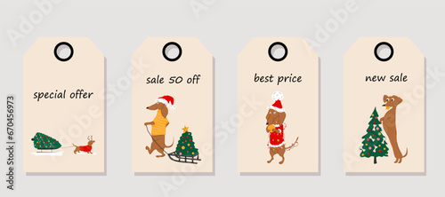 Vector set of discount price tags. Labels with Dachshunds dogs pulls a Christmas tree on a sleigh and decorate Christmas trees. Christmas sale.