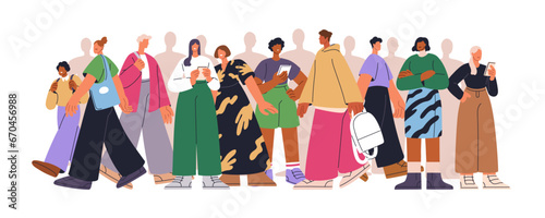 Many people, crowd going in different directions, on various businesses. Diverse men, women citizens walking, standing with phones, waiting. Flat vector illustration isolated on white background