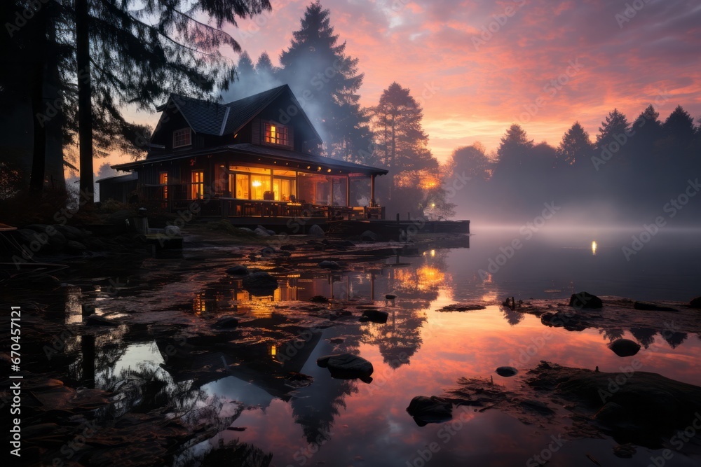 Fototapeta premium Lakeside cabin house at sunrise with mist rising from the water, Generative AI