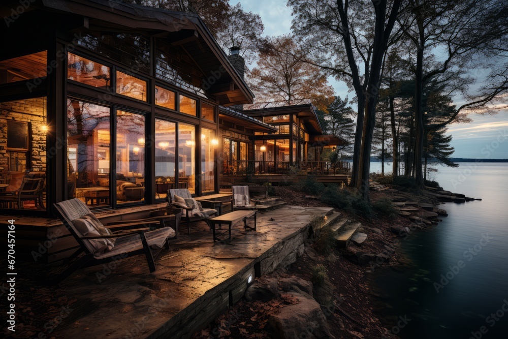 Lakeside cabin house with a stunning view of the water, Generative AI