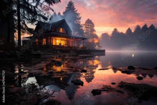  Lakeside cabin house at sunrise with mist rising from the water, Generative AI