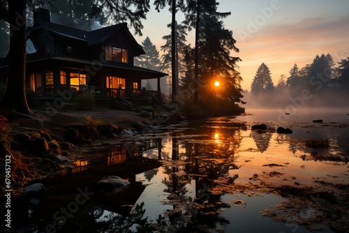 Lakeside cabin house at sunrise with mist rising from the water  Generative AI